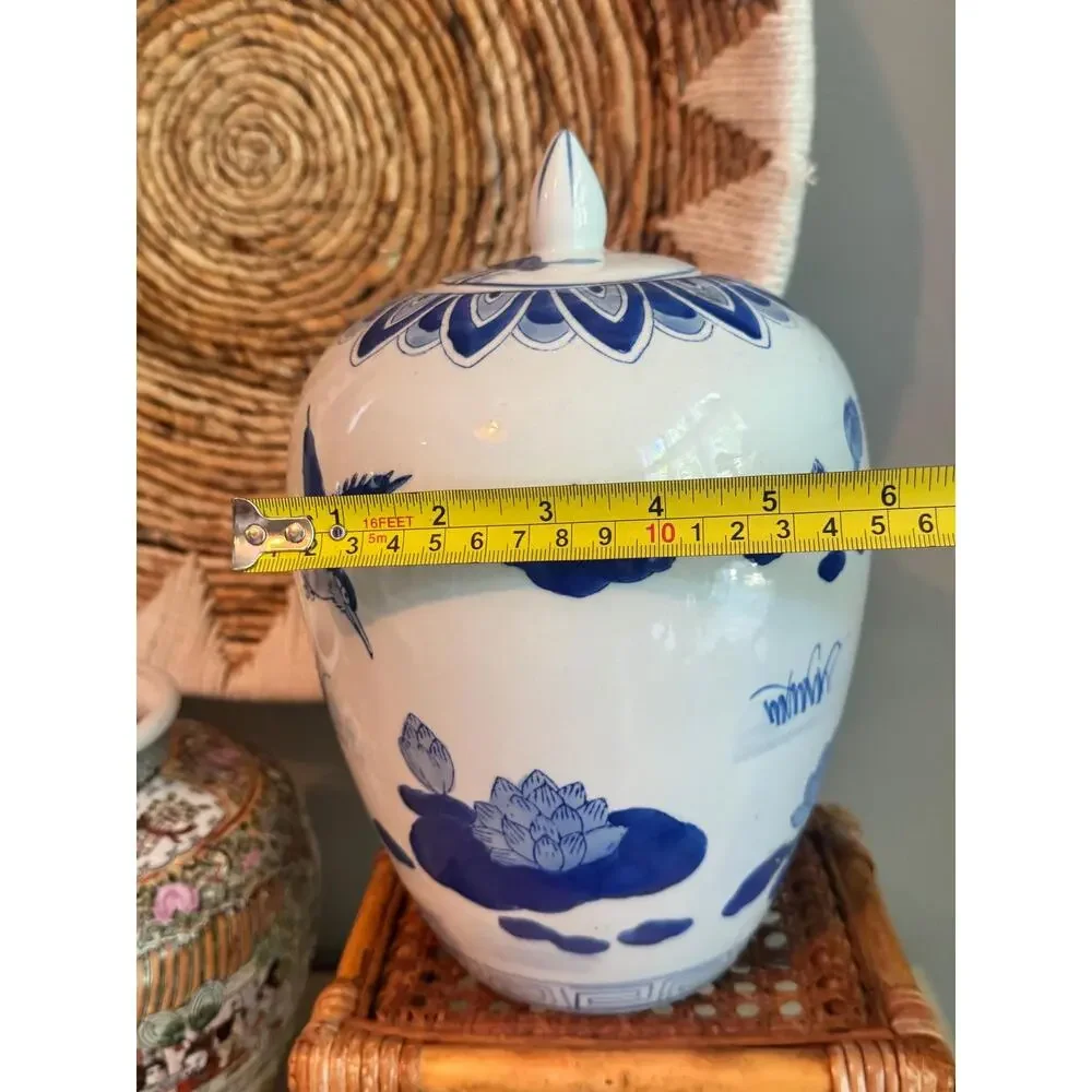 Vintage Chinoiserie Blue White Lotus Porcelain Melon Ginger Jar and Lid